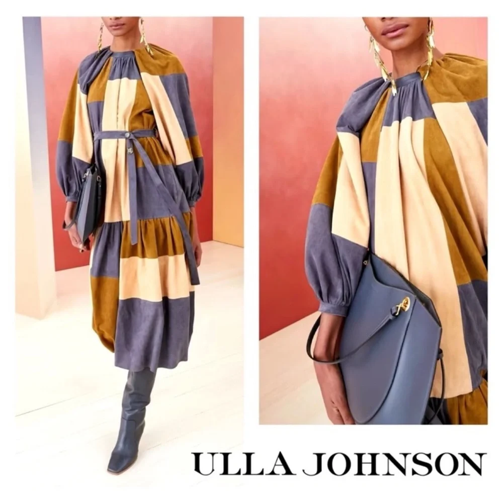 New! Rare ULLA JOHNSON Bernadine Patchwork Lambskin Suede Leather Midi Dress - Picture 1 of 12